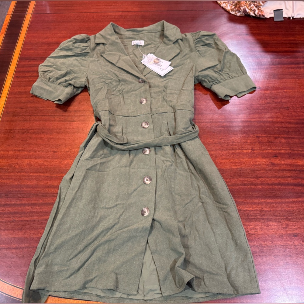 Sky Olive Green Casual Dress with Belt